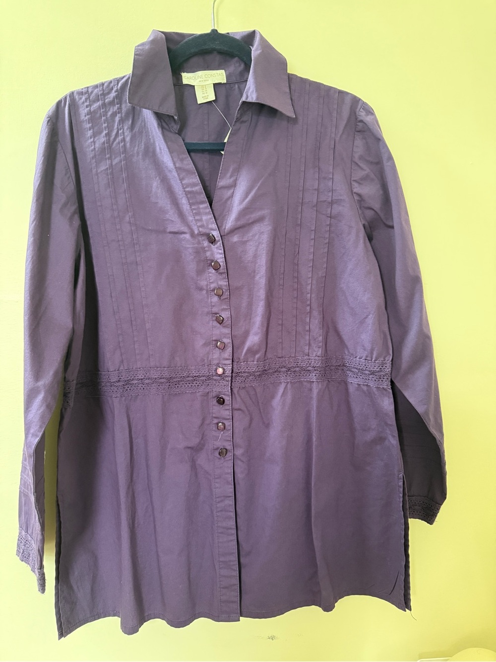 Caroline Constas Purple Lace Trim Button Front Tunic Blouse Size 8p
